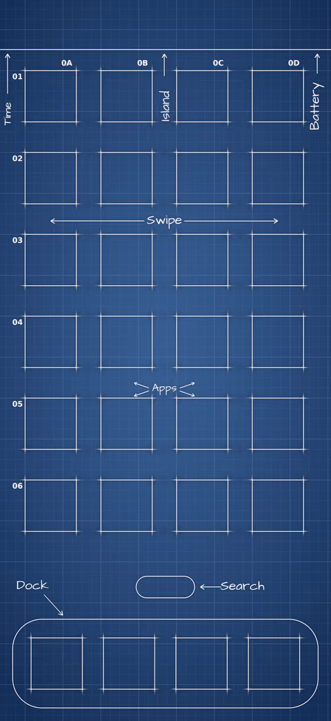 Navy Blueprint Home Screen wallpaper: blueprint squares laid out behind the app grid and dock.