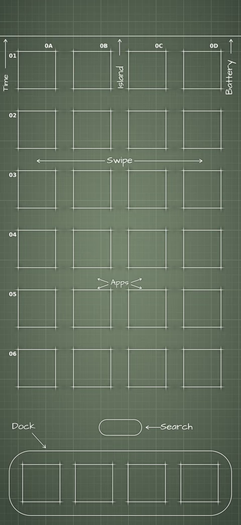 Sage Home Screen wallpaper: blueprint squares laid out behind the app grid and dock.
