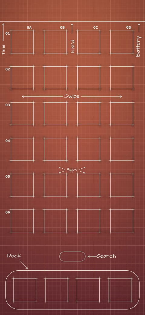 Terracotta Sunset Home Screen wallpaper: blueprint squares laid out behind the app grid and dock.