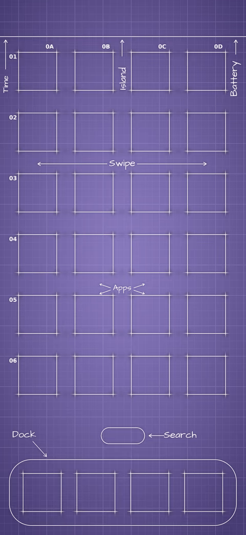 Digital Lavender Home Screen wallpaper: blueprint squares laid out behind the app grid and dock.