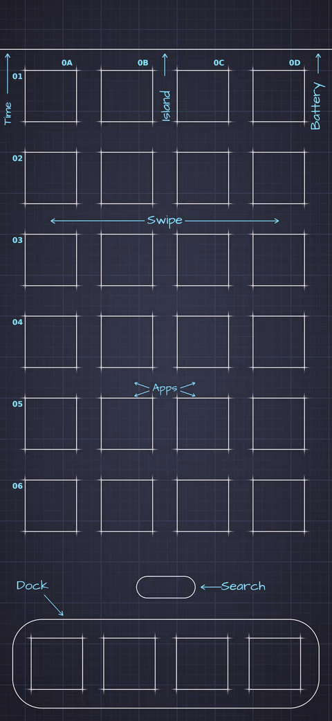 Dracula Home Screen wallpaper: blueprint squares laid out behind the app grid and dock.