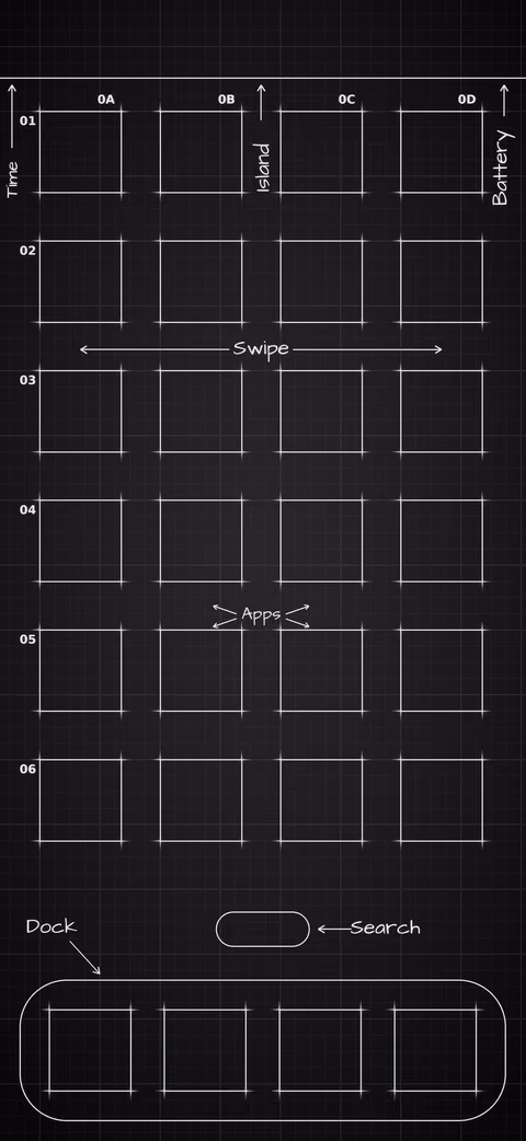 iPhone 18 Pro Black Home Screen wallpaper: blueprint squares laid out behind the app grid and dock.