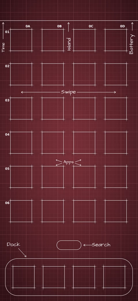 iPhone 18 Pro Burgundy Home Screen wallpaper: blueprint squares laid out behind the app grid and dock.