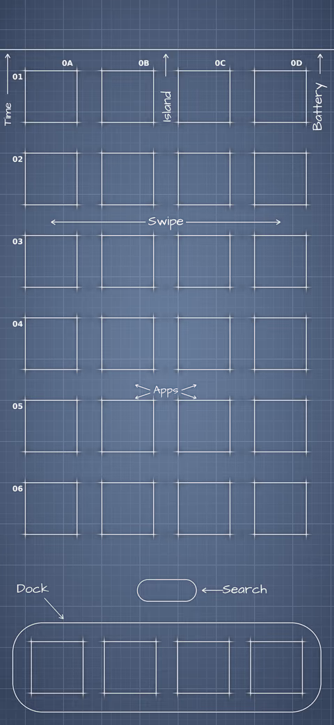iPhone 18 Pro Glacier Home Screen wallpaper: blueprint squares laid out behind the app grid and dock.