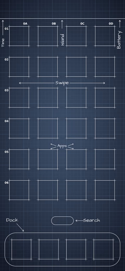 iPhone Duo Night Sky Home Screen wallpaper: blueprint squares laid out behind the app grid and dock.