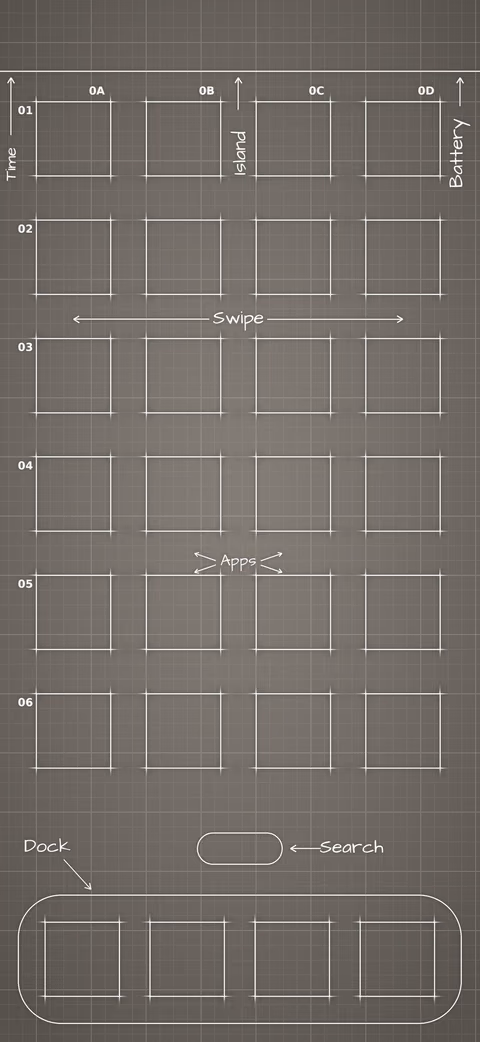 iPhone Duo Star White Home Screen wallpaper: blueprint squares laid out behind the app grid and dock.