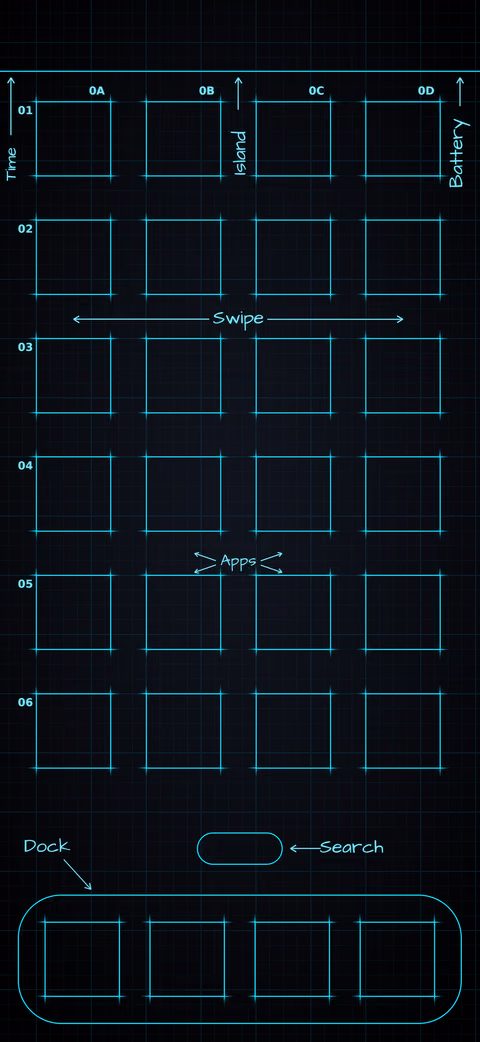 Midnight Neon Home Screen wallpaper: blueprint squares laid out behind the app grid and dock.