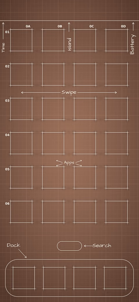 Mocha Mousse Home Screen wallpaper: blueprint squares laid out behind the app grid and dock.