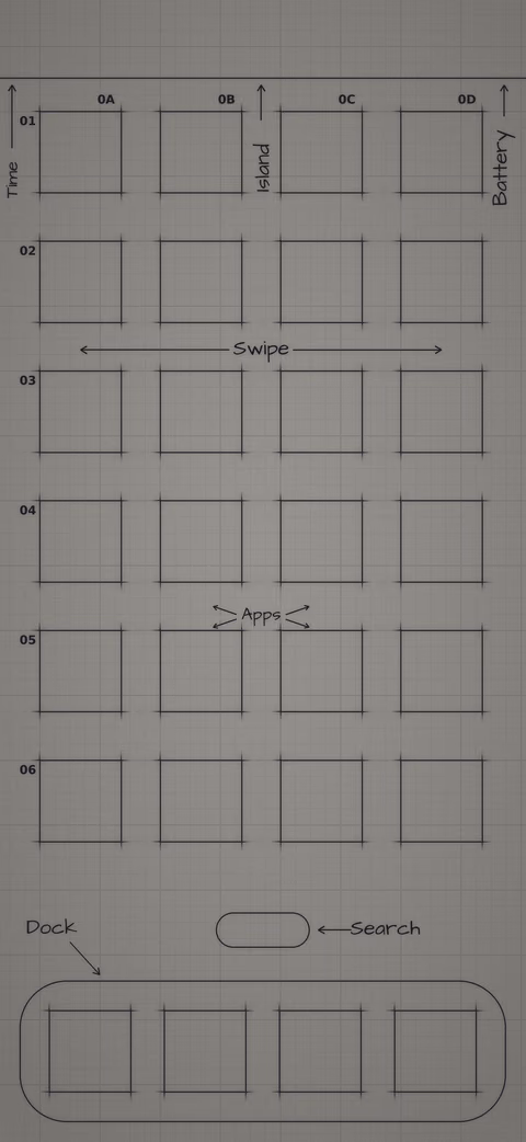 Mono Graphite Paper Home Screen wallpaper: blueprint squares laid out behind the app grid and dock.