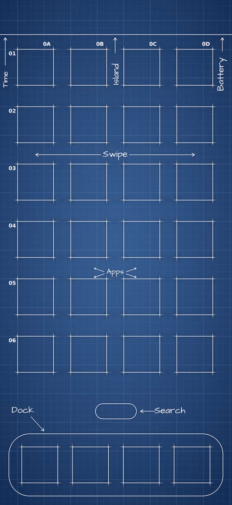Navy Blueprint Home Screen wallpaper: blueprint squares laid out behind the app grid and dock.