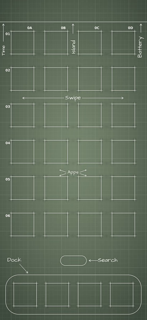 Sage Home Screen wallpaper: blueprint squares laid out behind the app grid and dock.