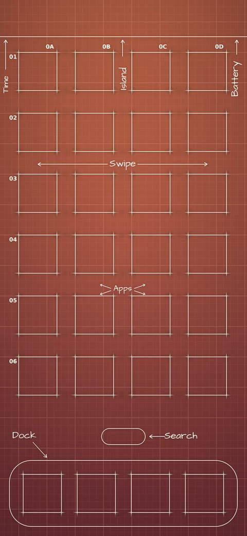 Terracotta Sunset Home Screen wallpaper: blueprint squares laid out behind the app grid and dock.