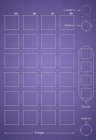 Digital Lavender cover screen Home Screen wallpaper: blueprint squares behind the app grid and side rail.
