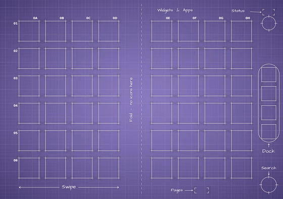 Digital Lavender inner screen Home Screen wallpaper, opened wide: two blocks of app squares, one on each side of the fold, and the side rail.