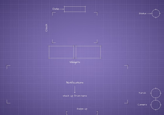 Digital Lavender inner screen Lock Screen wallpaper, opened wide: blueprint callouts around the clock and widgets.