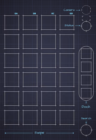 Dracula cover screen Home Screen wallpaper: blueprint squares behind the app grid and side rail.