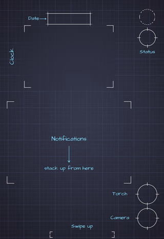 Dracula cover screen Lock Screen wallpaper: blueprint callouts around the date, clock, and widgets.