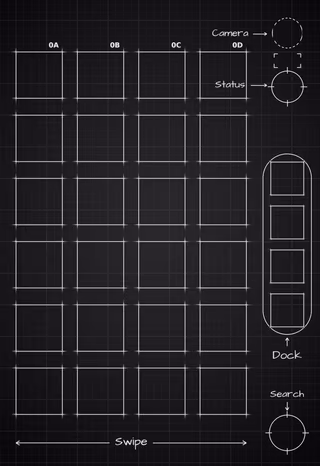 iPhone 18 Pro Black cover screen Home Screen wallpaper: blueprint squares behind the app grid and side rail.