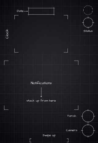 iPhone 18 Pro Black cover screen Lock Screen wallpaper: blueprint callouts around the date, clock, and widgets.
