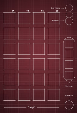 iPhone 18 Pro Burgundy cover screen Home Screen wallpaper: blueprint squares behind the app grid and side rail.