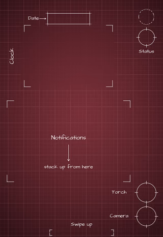 iPhone 18 Pro Burgundy cover screen Lock Screen wallpaper: blueprint callouts around the date, clock, and widgets.
