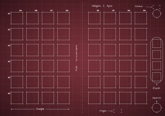iPhone 18 Pro Burgundy inner screen Home Screen wallpaper, opened wide: two blocks of app squares, one on each side of the fold, and the side rail.