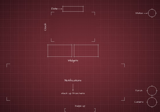 iPhone 18 Pro Burgundy inner screen Lock Screen wallpaper, opened wide: blueprint callouts around the clock and widgets.