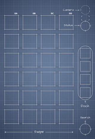 iPhone 18 Pro Glacier cover screen Home Screen wallpaper: blueprint squares behind the app grid and side rail.