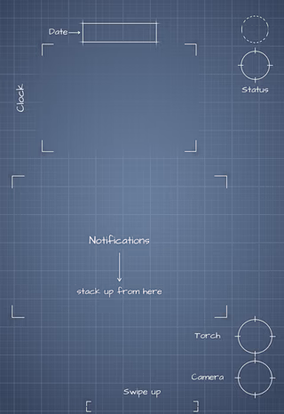 iPhone 18 Pro Glacier cover screen Lock Screen wallpaper: blueprint callouts around the date, clock, and widgets.