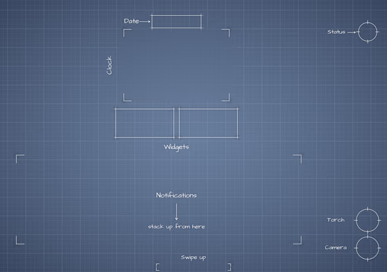 iPhone 18 Pro Glacier inner screen Lock Screen wallpaper, opened wide: blueprint callouts around the clock and widgets.