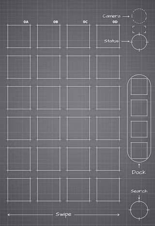 iPhone 18 Pro Silver cover screen Home Screen wallpaper: blueprint squares behind the app grid and side rail.