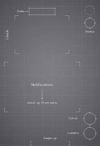iPhone 18 Pro Silver cover screen Lock Screen wallpaper: blueprint callouts around the date, clock, and widgets.