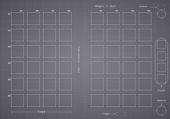 iPhone 18 Pro Silver inner screen Home Screen wallpaper, opened wide: two blocks of app squares, one on each side of the fold, and the side rail.