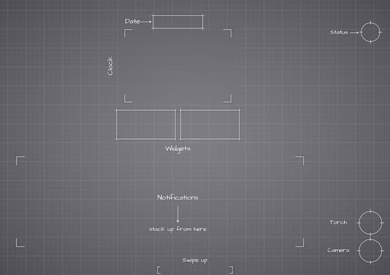iPhone 18 Pro Silver inner screen Lock Screen wallpaper, opened wide: blueprint callouts around the clock and widgets.