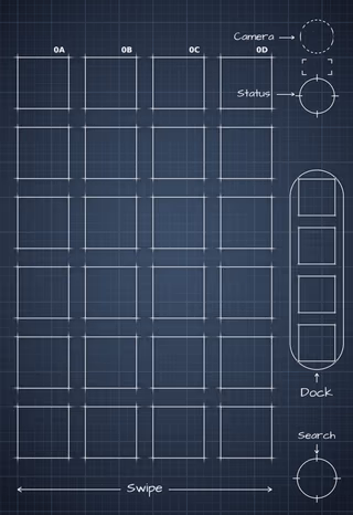 iPhone Duo Night Sky cover screen Home Screen wallpaper: blueprint squares behind the app grid and side rail.