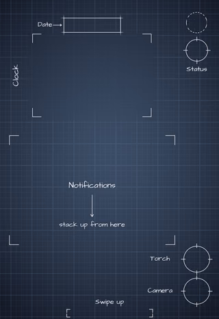 iPhone Duo Night Sky cover screen Lock Screen wallpaper: blueprint callouts around the date, clock, and widgets.