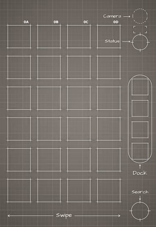 iPhone Duo Star White cover screen Home Screen wallpaper: blueprint squares behind the app grid and side rail.