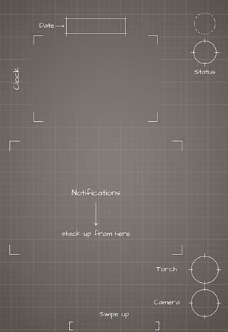 iPhone Duo Star White cover screen Lock Screen wallpaper: blueprint callouts around the date, clock, and widgets.