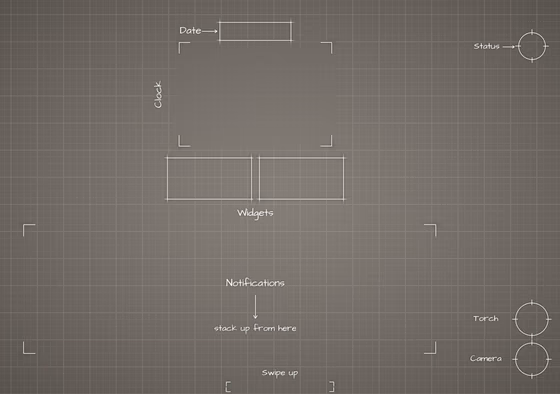 iPhone Duo Star White inner screen Lock Screen wallpaper, opened wide: blueprint callouts around the clock and widgets.