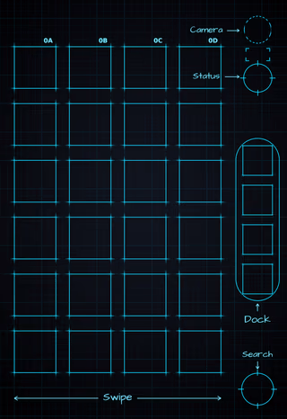 Midnight Neon cover screen Home Screen wallpaper: blueprint squares behind the app grid and side rail.