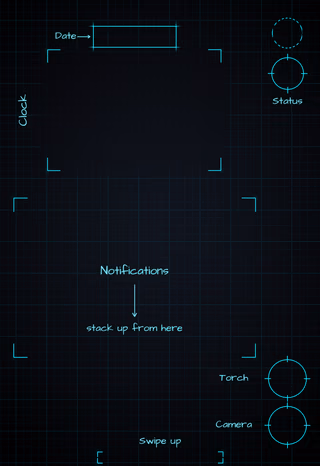 Midnight Neon cover screen Lock Screen wallpaper: blueprint callouts around the date, clock, and widgets.
