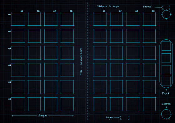 Midnight Neon inner screen Home Screen wallpaper, opened wide: two blocks of app squares, one on each side of the fold, and the side rail.
