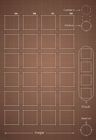 Mocha Mousse cover screen Home Screen wallpaper: blueprint squares behind the app grid and side rail.