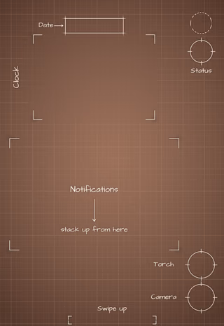Mocha Mousse cover screen Lock Screen wallpaper: blueprint callouts around the date, clock, and widgets.