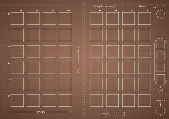 Mocha Mousse inner screen Home Screen wallpaper, opened wide: two blocks of app squares, one on each side of the fold, and the side rail.