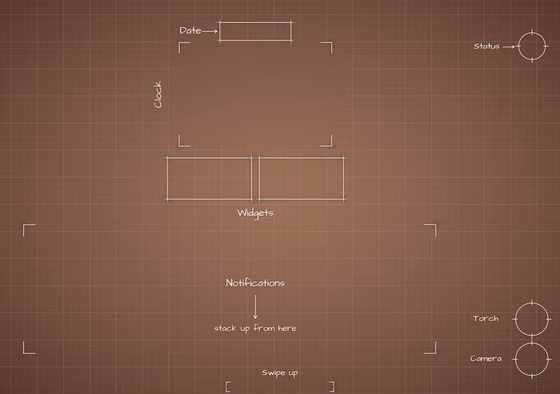 Mocha Mousse inner screen Lock Screen wallpaper, opened wide: blueprint callouts around the clock and widgets.