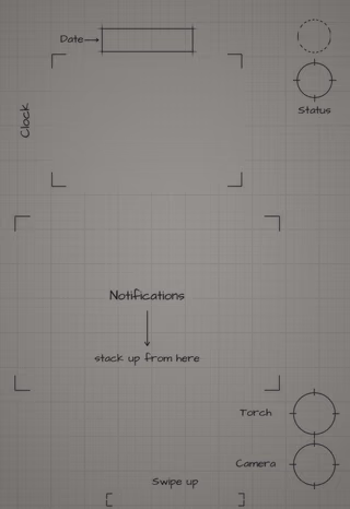 Mono Graphite Paper cover screen Lock Screen wallpaper: blueprint callouts around the date, clock, and widgets.
