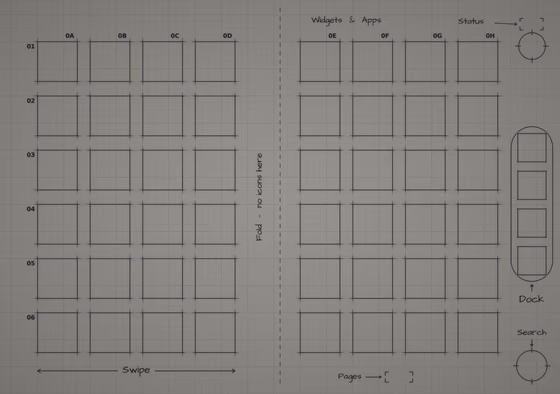 Mono Graphite Paper inner screen Home Screen wallpaper, opened wide: two blocks of app squares, one on each side of the fold, and the side rail.