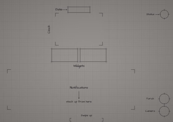 Mono Graphite Paper inner screen Lock Screen wallpaper, opened wide: blueprint callouts around the clock and widgets.