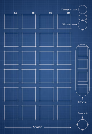 Navy Blueprint cover screen Home Screen wallpaper: blueprint squares behind the app grid and side rail.